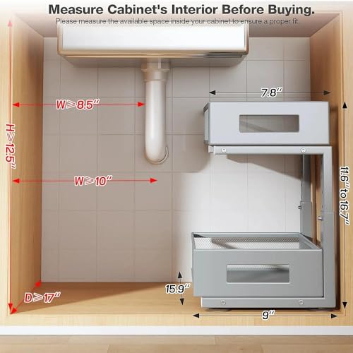 Image of Under Sink Organizer, 2-Tier Dual Pull Out Cabinet Organizer Drawers With Smooth Circular Rail,Large Capacity Metal Mesh Sliding Shelves For Bathroom& Kitchen Storage,Height Adjustable-Gun Gray,1 Pack