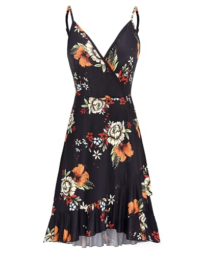Image of ULTRANICE Womens Summer Dresses Floral V Neck Ruffled Hem Spaghetti Spring Casual Beach Outfits Flowy Wrap Sun Dress