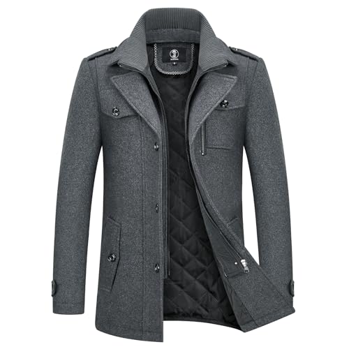 KUDORO KUDORO Herren Wintermantel Wolle Kurzmantel Herren Wollmantel Mittellang Slim Fit für Business Freizeit Peacoat Herren Casual(Grau1,M) - Detailansicht 2 | TV | Video | Foto