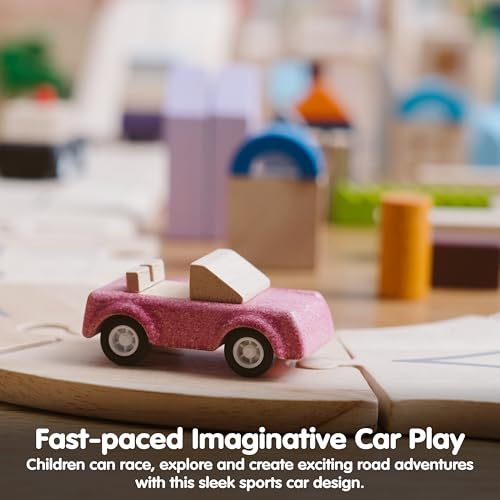 Image of PlanToys Pink Sports Car Wooden Montessori Vehicle Toy | Early Movement, Imagination and Practical Life Exploration | Eco Friendly Car for Indoor and Outdoor Play