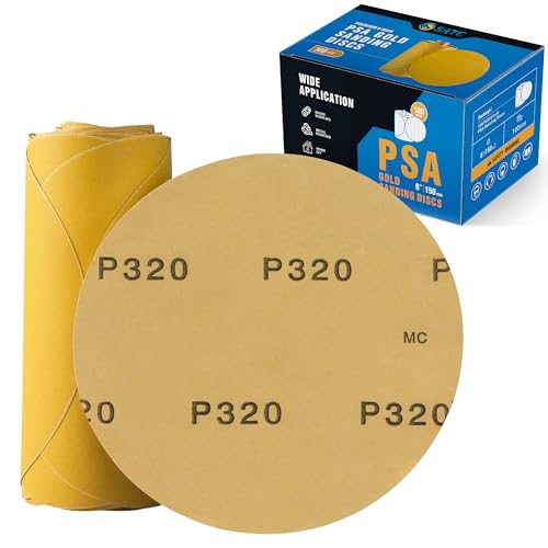 S SATC Premium Gold Sandpaper 6 Inch 100 PCS Sanding Discs 320 Grit Self Adhesive Stickyback Sandpaper Roll Aluminum Oxide PSA Sandpaper Discs for Wood, Metal, and Car Paint