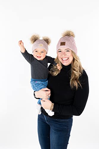 Funky Junque Baby/Infant Double Pom Beanie: Diagonal Basketweave Pattern - Rose #TOP2