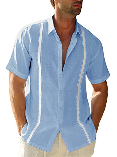 Mens Short Sleeve Guayabera Shirts Linen Cotton Button Down Mexican Wedding Shirt Summer Beach Tops Sky Blue