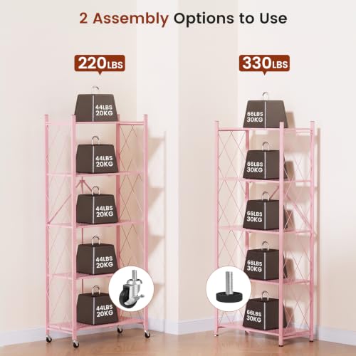 Image of ALANNG 60.6 Inch Folding Bookshelf, 5 Tier Metal Bookcase and Bookshelves | Tall Shelves for Living Room Office Bedroom, Heavy Duty Book Shelve Free Standing Open (Pink, 4PACK)