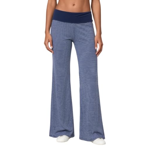 Qmlyev Fold Over Yoga Pants for Women Low Rise Wide Leg Cute Flare Sweatpants (Navy Stripe,L)