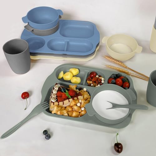 shopwithgreen Wheat Straw Dinnerware Cutlery Set, 20 PCS Kids Toddlers Divided Plates and Bowls Sets, Microwave Unbreakable Tableware Spoon Knife Cup, Dishwasher Safe for Kitchen Picnic School - image 6