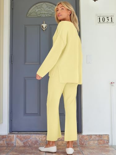 Image of LILLUSORY Women's 2 Piece Oversized Slouchy Matching Lounge Sets | Comfy Knit Loungewear, Airport Travel Outfits, Henley Button Drop Shoulder Tunic & Wide Leg Pull-on Pants