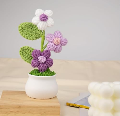 Image of VRB DecTM 1 Pcs Crochet Flowers Artificial Daisy for Office Desk Car Dashboard Decor,Home Decoration, Office, Bedroom, Christmas Decor, Wedding,Diwali (Triple Purple Daisy with Pot)