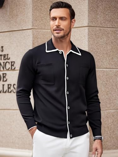 Alex Vando Mens Retro Cardigan Shirts Long Sleeve Two Pockets Knit Casual Button Down Shirts for Men2