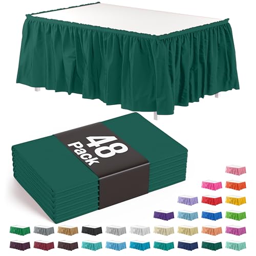 Exquisite Dark Green Table Skirt 48 Pack - Disposable Plastic Table Skirts for Rectangle Tables 6ft 8ft & Round Tables - 29in x 14ft Self-Adhesive Strip - Birthday Wedding Gender Reveal Decor