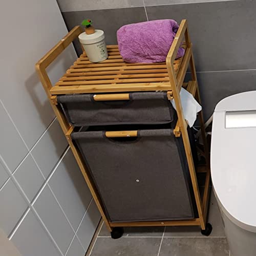 Multi-Function Storage Trolley Organizer Cart Bamboo 2 Compartment Laundry Basket with Pull Out Hamper & Storage Shelf, Nursery Laundry Sorter Cart with Wheels for Boys Girls Clothes