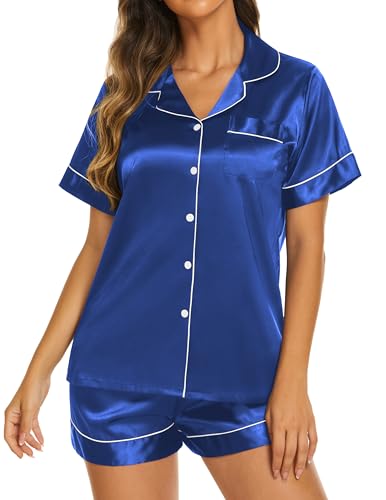 Image of Ekouaer Silk Pajamas for Women Short Sleeve Sleepwear Soft Button Down Loungewear 2 Piece Satin Pjs Shorts Set