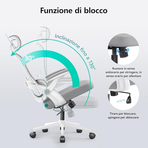 M102C Sedia Ergonomica da Ufficio con Braccioli Ribaltabili, Supporto Lombare Regolabile, Design Ergonomico per Scrivania e Uso Domestico - Telaio Bianco Maglia Grigio Chiaro - Sedia gaming - Immagine 8