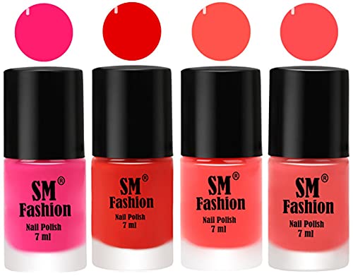 Image of Nail Polish Combo Set (Pack of 4) Quick Dry Gel Finish Nail Paint | Deep Pink,Fire Orange,Baby Pink,Peach Pink | 7 ml Each