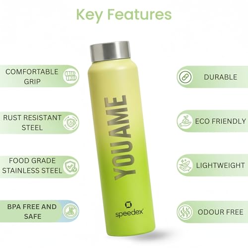 Image of Speedex Customised Engraved Name Stainless Steel Water Bottle 1 Ltr - Personalised Screw Cap Bottle for Kids, Men & Women, School, Office, Gym, Lime Green, Set of 1