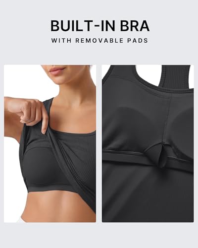 Image of G4Free Ribbed Removable Built in Bra Workout Tank Tops Woman Racerback Square Neck Yoga Top Lightweight Athletic Tanks