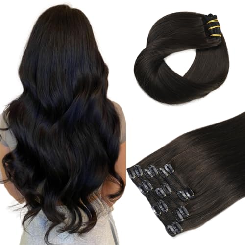 Sindra Clip in Hair Extensions Real Human Hair 100g 6pcs 14 Inch Natural Black Clip in Extensions Soft Straight #1B 14"