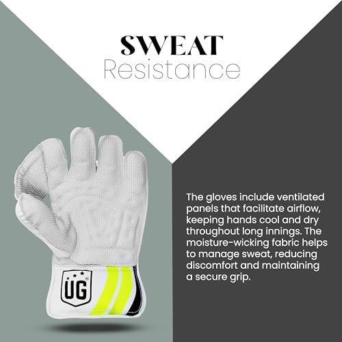 Image of UG Sports | Cricket Leather Wicketkeepers Gloves Pair for Men| Advanced Protection and Enhanced Grip | Durable Construction, High-Density Finger Protection, Ergonomic Design (Club, Green, Junior)