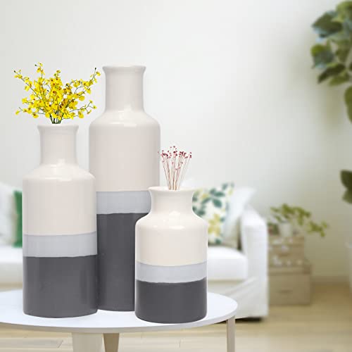 Ceramic Vase 3 Piece Set, Home Decor Decorative Flower Vases Set For Modern Farmhouse Decoration, Living Room Centerpieces,Events, Table, Bookshelf, Mantel And Entryway Decor(Grey-White,Cylindrical) #TOP2
