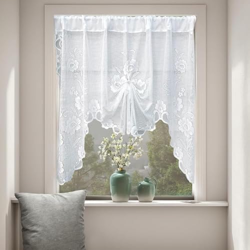 Image of HASTHIP White Lace Curtain 100x100cm, Embroidered Cafe Window Valance