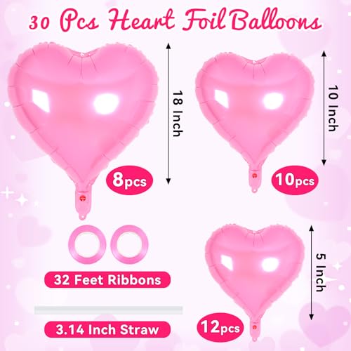 Image of 30 Pcs Pink Heart Balloons, 3 Sizes Heart Foil Mylar Balloon, Valentine Day Party Decorations, Love Balloon Valentine Balloons for Birthday Party Wedding Baby Shower Valentine Day Decorations