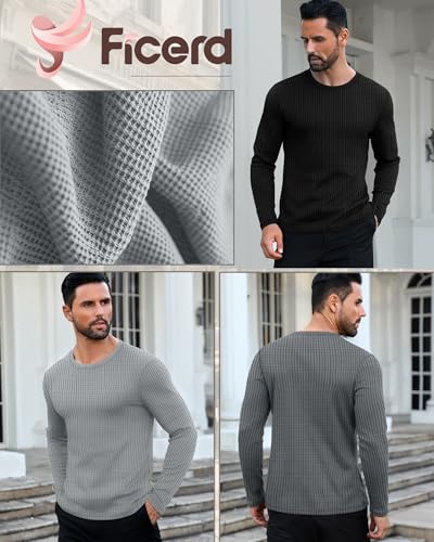 Ficerd 3 Pack Men's Waffle Long Sleeve Shirts, Crew Neck Thermal Underwear Tops Casual Pullover Sweaters Knit Undershirts3