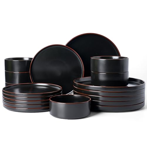 Image of Famiware Nebula Ridge Stoneware Dinnerware Sets for 6, Plates and Bowls Sets, 18 Pieces Dishes Set, Microwave and Dishwasher Safe Kitchen Plates, Matte Black