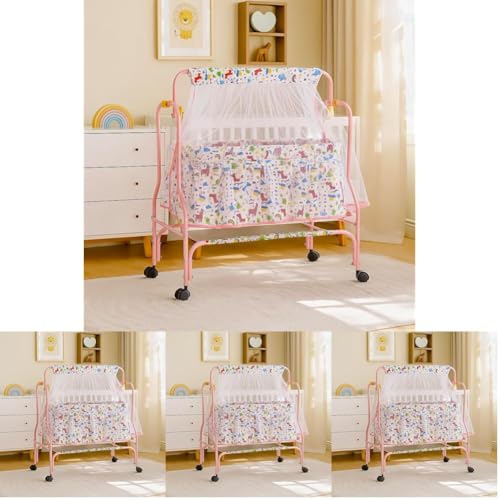 Image of Amazon Brand - Supples Baby Cradle with Swing & Mosquito Net | 0-8 Months | Swing Lock | 4 Wheels with Brake | Soft & Comfortable for Baby Sleep | Sturdy Mild Steel Frame | Pink (Pack of 4)