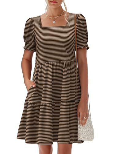 Image of ANRABESS Women Summer Square Neck Puff Short Sleeve Mini Dress 2026 Casual Flowy Sundress Beach Vacation Clothes with Pockets