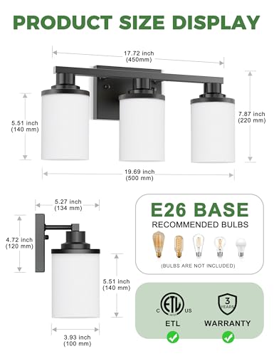 Image of DORESshop 20 Inch Bathroom Light Fixtures, 3-Light Black Bathroom Lighting Fixtures Over Mirror with Milk Glass Shade, Modern Vanity Lights for Hallway Bedroom, ETL Listed