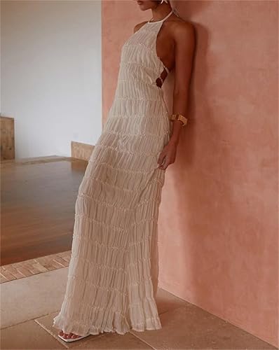 Image of Women Halter Ruched Maxi Dress Backless Sleeveless Long Dress Bodycon See Througn Pleated Sundress Beachwear