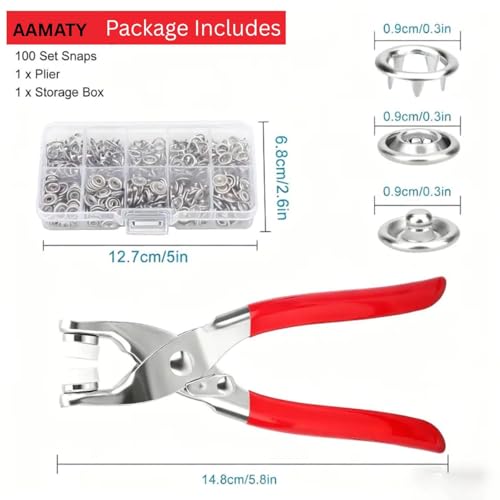 Image of AAMATY Round Head Snap Button Fastener Set with Pliers Tool (100 Sets) - Metal Press Studs for Clothes, Leather, Bags, DIY Craft - Stainless Steel Fasteners with Storage Box (Silver)