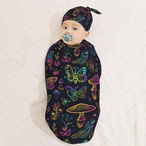 Image of Neon Night Butterflies Mushroom Newborn Swaddle Blankets Hat Sets Soft Baby Receiving Blanket Swaddle Sack for Baby Shower Infant Boy Girl Gift
