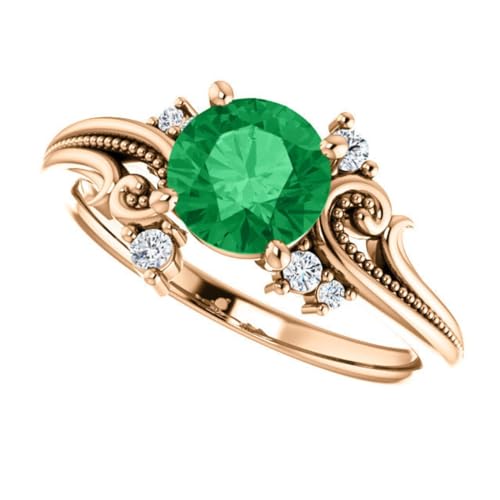 925 Sterling Silver Filigree Round Shape Emerald Green Diamond Ring Rose Gold Finish, Floral Engagement Ring, Round Proposal Ring, Twig Leaf3