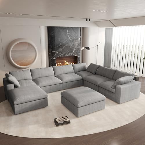 Cloud Modular Sectional Sofa,160" Oversized U Shaped Sofa Couch with Storage Ottoman,8 Seater Sofa Wide Deep Seat Couches,Sofa Covers Washable&Replaceable,Grey