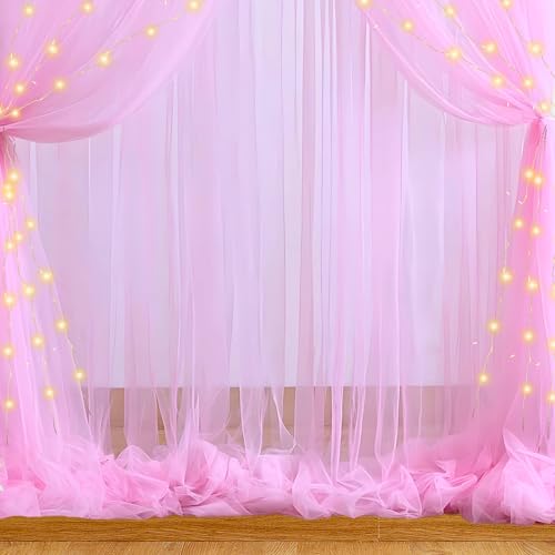 Image of 1iAM 5pcs Pink Decoration Net Light Combo - 4pcs Large, Stitched with Ribbon, Nylon Made, Reusable, Soft, Wrinkled Free, 8.5x5ft Each, Backdrop Decor Net & 1pc 11m Rice Light for Any Party or Event