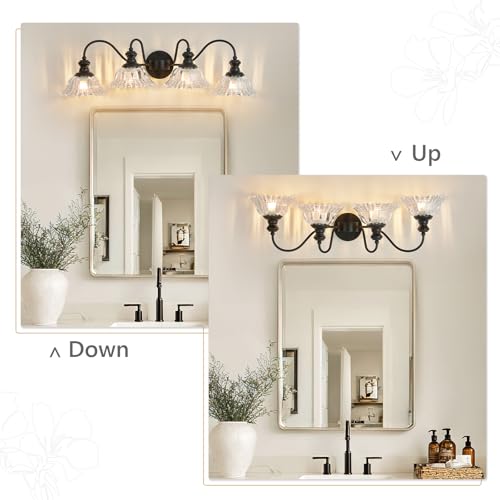 ElilyGiA Vintage Bathroom Vanity Light Fixture,4 Lights Black Vanity Light with Floral Transparent Glass Shades,Antique Wall Sconces for Living Room,Bedroom,Dining Room,Dressing Table,Over Mirror by ElilyGiA - Used condition - Image 7