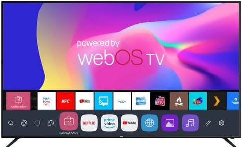Quddiem view of the RCA 58-inch 4K Smart LED TV displaying the WebOS interface with various streaming app icons.