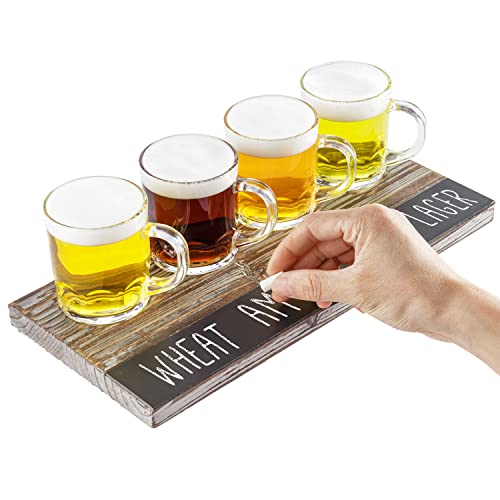 Mygift Torched Wood Beer Flight Board With Mug Glasses Set - Wooden Drinking Sampler Tray With 4 Beer Mugs And Erasable Chalkboard Label #TOP3