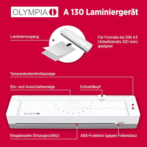 OLYMPIA A 130 Combo Laminiergerät A3 | Kompaktes Foliergerät mit integriertem Schneidegerät | Für 80–125 Micron Laminierfolien | Laminiergerät DIN A3 & Laminiermaschinen | Laminator
