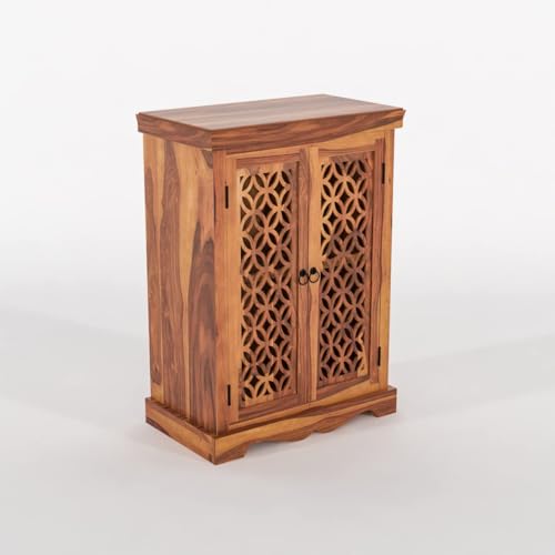 Image of Solid Sheesham Wood Sideboard and Cabinets | Wooden Side Board Small for Living Room | Free Standing Buffet Cabinet with 2 Door Cabinet Storage | Rosewood, Natural Finish