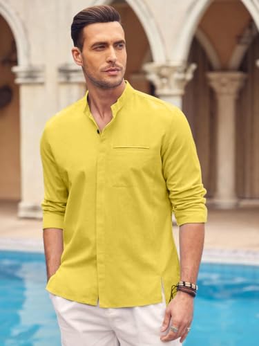 Image of Mens Casual Button Down Shirt | Cotton Luster Long Sleeves Shirts | Mandarin Collared Shirts