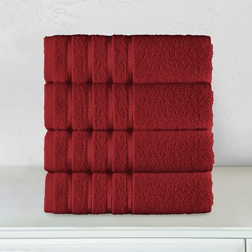 Image of Elegant Comfort 100% Turkish Cotton 4 Lines Viscose Stripe Luxury 4 Pack Hand Towel Set - Ultra Absorbent and Soft 16 x 28 Inch Premium Hotel Spa Quality Towels for Everyday Bath Use, Burgundy