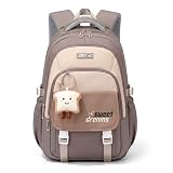 Amythe Schulrucksack Teenager - 36L Schulranzen für Mädchen ab 5. Klasse, Großer Rucksack für Mittel- und Oberstufe, Lässiger Kinderrucksack mit Süßem Anhänger und Trolleyband, Braun