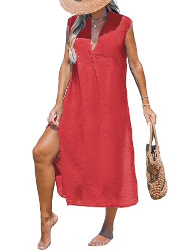 Image of CUPSHE Women's Swimsuit Coverup Casual Sleeveless Side Split Long Cardigans V Neck Midi Beach Dress