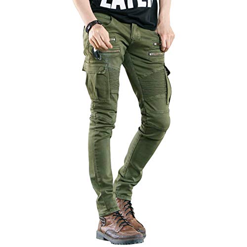 Men's Skinny Biker Jeans Slim Fit Denim Pants Moto With Multi Pockets(Armygreen,32) #TOP1