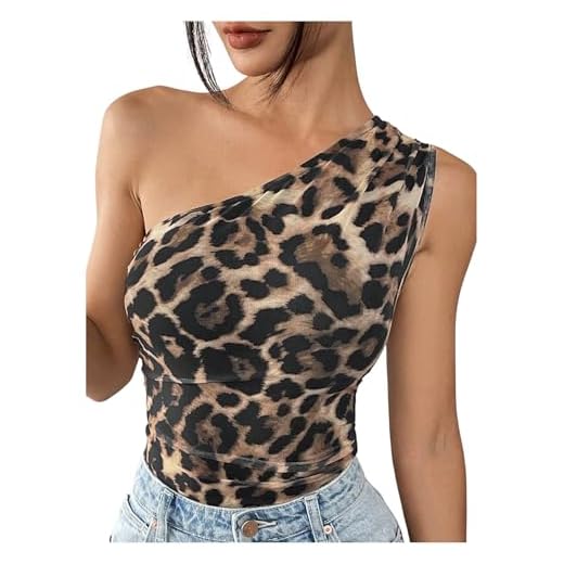 Milumia Body feminino com estampa de leopardo de um ombro só, malha sem mangas, caimento justo, collant, Multicor, P