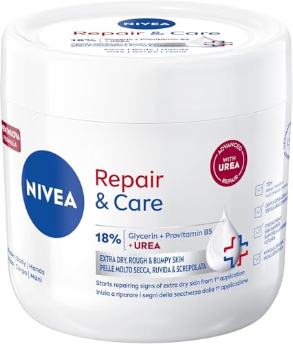 NIVEA Repair & Care Urea 400 ml, Crema corpo idratante pelle secca, molto secca, ruvida e screpolata, Crema multiuso per corpo, viso e mani nutriente 72H con 18% Glicerina, Provitamina B5 e Urea