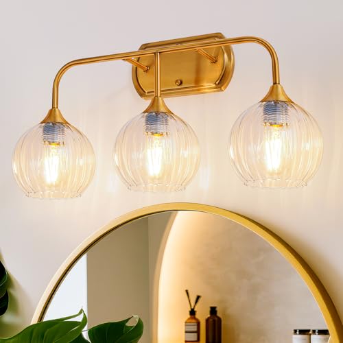 Image of MantoLite 3-Light Vintage Bathroom Vanity Light, Glass Shade Wall Lamp | Ribbed Clear Glass Bathroom Light Fixtures,Bathroom Wall Lamp for Mirror Kitchen Living Room Antique Bronze(Bulb excluded)