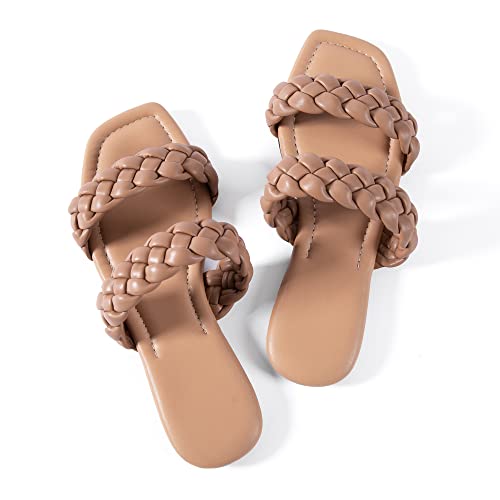 Image of Mtzyoa Women Flat Sandals Raffia Braided Summer Straw Dressy Casual Vacation Bohemian Cute Beach Comfy Slip On Slides